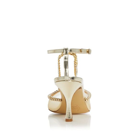 NALEBE Womens Gold Chain Crystal Metallic Stellar Square Toe Stiletto Pumps 38 - Picture 2 of 4